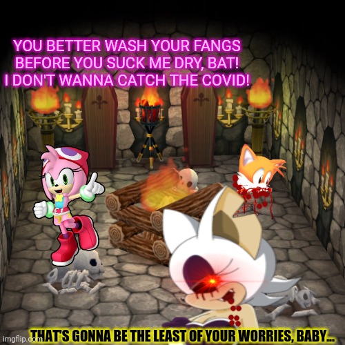 Rouge.exe part 2 | YOU BETTER WASH YOUR FANGS BEFORE YOU SUCK ME DRY, BAT! I DON'T WANNA CATCH THE COVID! THAT'S GONNA BE THE LEAST OF YOUR WORRIES, BABY... | image tagged in rouge,sonic the hedgehog,basement,but why why would you do that,vampire,bat | made w/ Imgflip meme maker