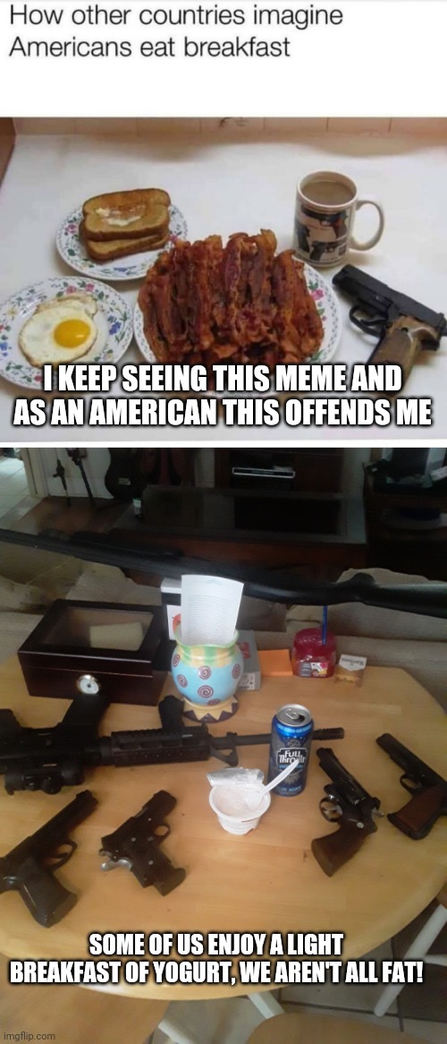 Not all Americans are fat! | I KEEP SEEING THIS MEME AND AS AN AMERICAN THIS OFFENDS ME; SOME OF US ENJOY A LIGHT BREAKFAST OF YOGURT, WE AREN'T ALL FAT! | image tagged in guns,america | made w/ Imgflip meme maker