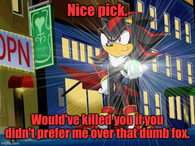 Shadow the Hedgehog makes Vegeta jealous | Nice pick. Would've killed you if you didn't prefer me over that dumb fox. | image tagged in shadow the hedgehog makes vegeta jealous | made w/ Imgflip meme maker