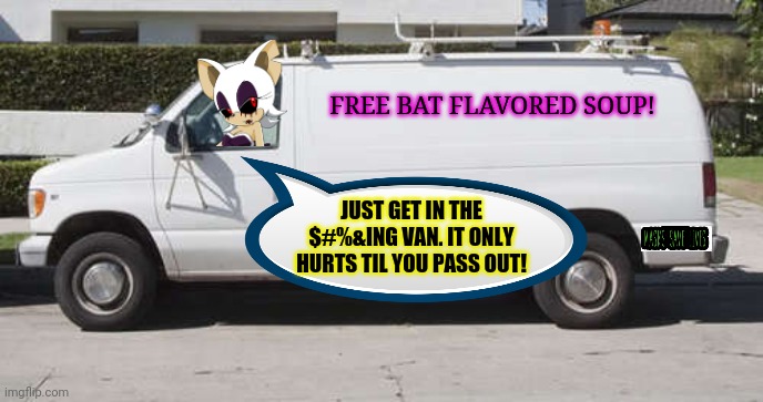Rouge.exe is getting desperate! | FREE BAT FLAVORED SOUP! JUST GET IN THE $#%&ING VAN. IT ONLY HURTS TIL YOU PASS OUT! | image tagged in big white van,rougeexe,sonic the hedgehog,free candy van,bat soup | made w/ Imgflip meme maker