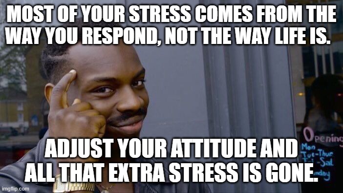 Relax.... | MOST OF YOUR STRESS COMES FROM THE WAY YOU RESPOND, NOT THE WAY LIFE IS. ADJUST YOUR ATTITUDE AND ALL THAT EXTRA STRESS IS GONE. | image tagged in memes,roll safe think about it | made w/ Imgflip meme maker