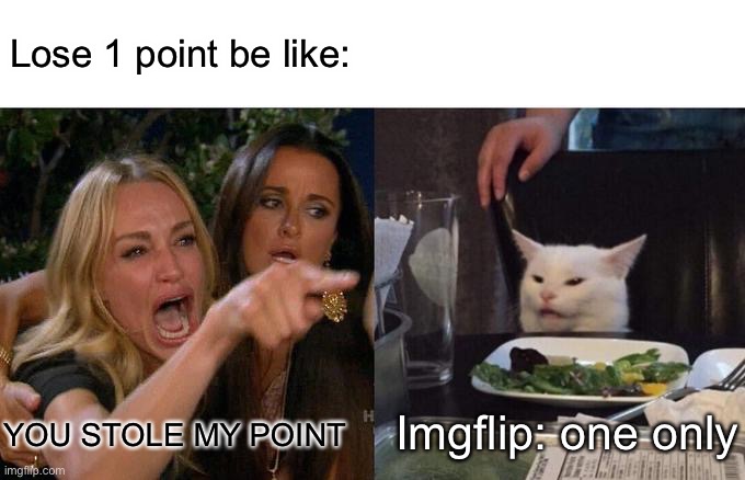 no idea for title |  Lose 1 point be like:; Imgflip: one only; YOU STOLE MY POINT | image tagged in memes,woman yelling at cat | made w/ Imgflip meme maker