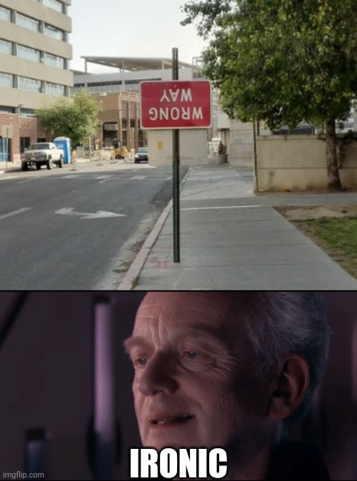 This sign is the wrong way | IRONIC | image tagged in palpatine ironic,funny,wrong way,stupid signs,you had one job just the one,wow you failed this job | made w/ Imgflip meme maker
