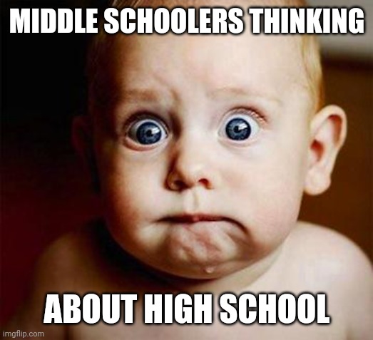 This is true lol | MIDDLE SCHOOLERS THINKING; ABOUT HIGH SCHOOL | image tagged in scared baby,middle school,high school,fear,school,funny | made w/ Imgflip meme maker