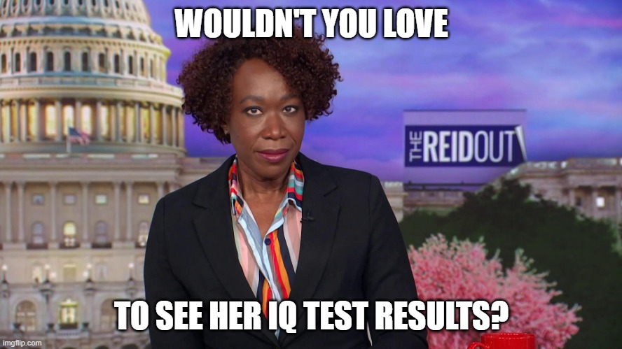 Tell Me How Bright Liberals Are Again (part 16) | WOULDN'T YOU LOVE; TO SEE HER IQ TEST RESULTS? | image tagged in joy reid says,dimwit,liberal,democract,hypocrite,race baiter | made w/ Imgflip meme maker