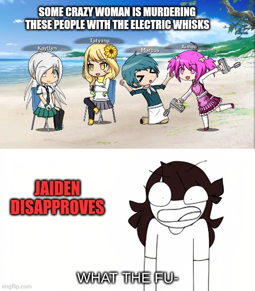 Electric Whisks | SOME CRAZY WOMAN IS MURDERING THESE PEOPLE WITH THE ELECTRIC WHISKS; JAIDEN DISAPPROVES | image tagged in baking,jaiden animations,jaiden animations what the fu-,jaidenanimations,hahahaha | made w/ Imgflip meme maker
