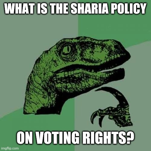 Philosoraptor Meme | WHAT IS THE SHARIA POLICY ON VOTING RIGHTS? | image tagged in memes,philosoraptor | made w/ Imgflip meme maker