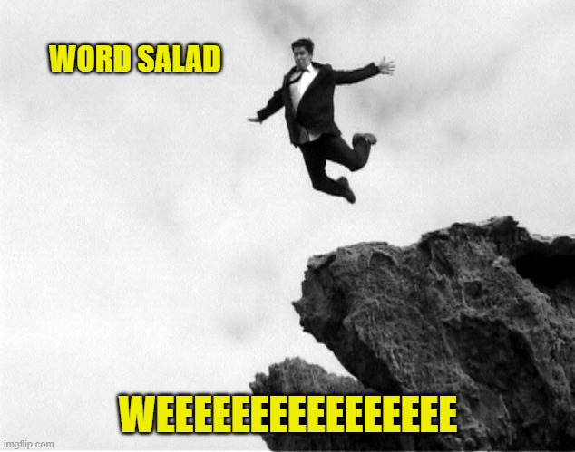 Man Jumping Off a Cliff | WORD SALAD WEEEEEEEEEEEEEEEE | image tagged in man jumping off a cliff | made w/ Imgflip meme maker