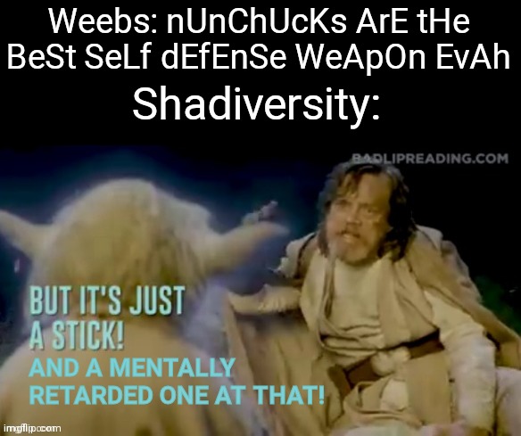 But it's just a stick! | Weebs: nUnChUcKs ArE tHe BeSt SeLf dEfEnSe WeApOn EvAh; Shadiversity:; AND A MENTALLY RETARDED ONE AT THAT! | image tagged in but it's just a stick,nunchucks,garbage,shadiversity | made w/ Imgflip meme maker