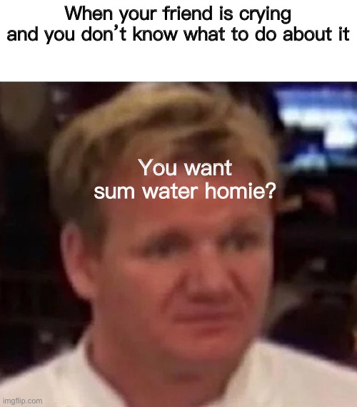 Confused ramsay | When your friend is crying and you don’t know what to do about it; You want sum water homie? | image tagged in confused ramsay | made w/ Imgflip meme maker