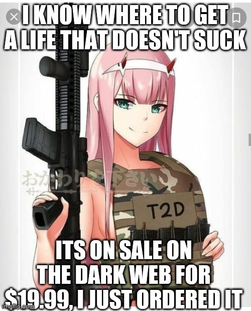 FBI: at least you have a good... wait a minute | I KNOW WHERE TO GET A LIFE THAT DOESN'T SUCK; ITS ON SALE ON THE DARK WEB FOR $19.99, I JUST ORDERED IT | image tagged in 2nd amendment zero two | made w/ Imgflip meme maker
