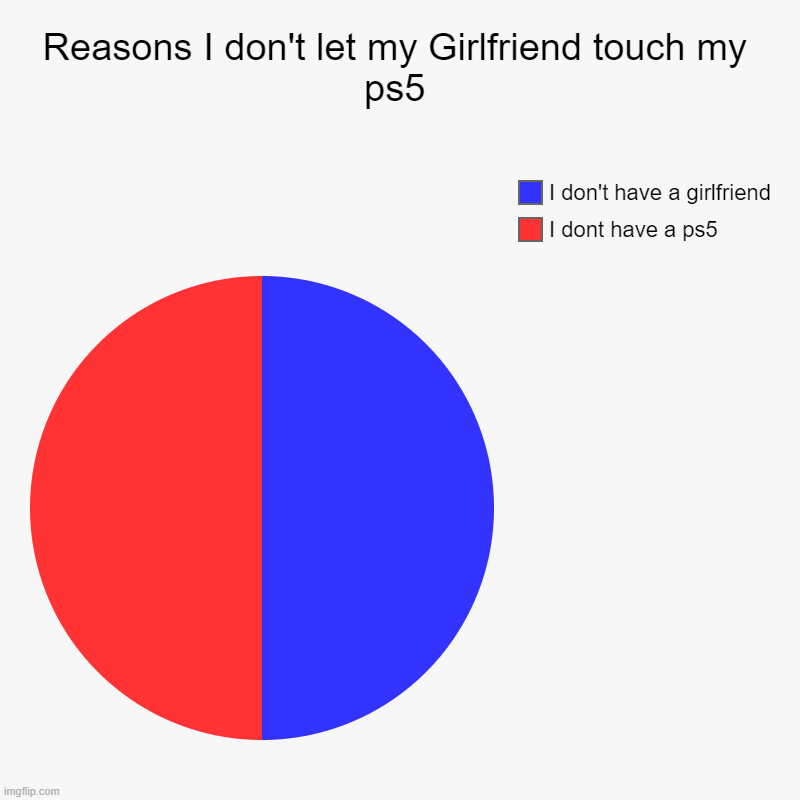 Reasons I don't let my Girlfriend touch my ps5 | I dont have a ps5, I don't have a girlfriend | image tagged in charts,pie charts | made w/ Imgflip chart maker