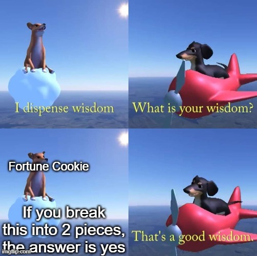 The wisdom of a fortune cookie | Fortune Cookie; If you break this into 2 pieces, the answer is yes | image tagged in wisdom dog | made w/ Imgflip meme maker