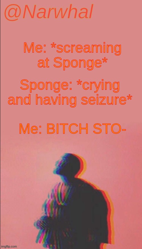 WE'RE ON CALL ;w; | Me: *screaming at Sponge*; Sponge: *crying and having seizure*; Me: BITCH STO- | image tagged in narwhal's kanye west announcement temp | made w/ Imgflip meme maker
