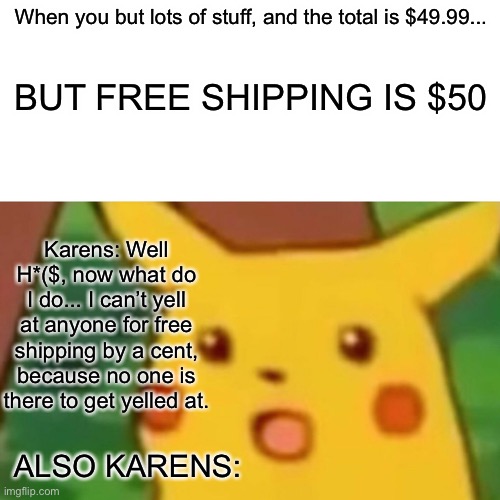 1¢ = huge problems | When you but lots of stuff, and the total is $49.99... BUT FREE SHIPPING IS $50; Karens: Well H*($, now what do I do... I can’t yell at anyone for free shipping by a cent, because no one is there to get yelled at. ALSO KARENS: | image tagged in memes,surprised pikachu | made w/ Imgflip meme maker