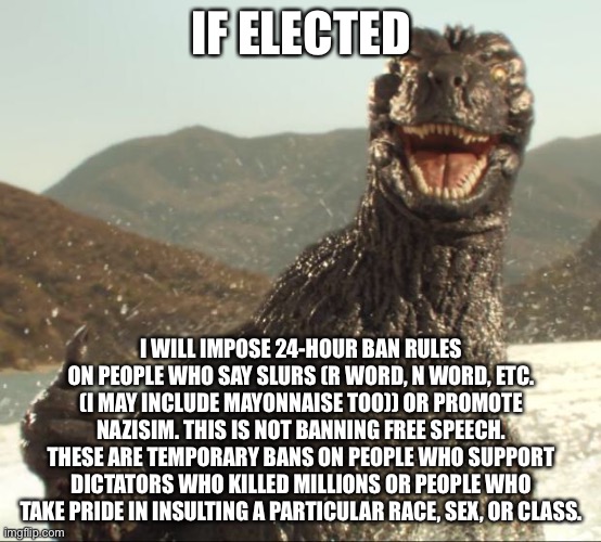 Godzilla approved | IF ELECTED; I WILL IMPOSE 24-HOUR BAN RULES ON PEOPLE WHO SAY SLURS (R WORD, N WORD, ETC. (I MAY INCLUDE MAYONNAISE TOO)) OR PROMOTE NAZISIM. THIS IS NOT BANNING FREE SPEECH. THESE ARE TEMPORARY BANS ON PEOPLE WHO SUPPORT DICTATORS WHO KILLED MILLIONS OR PEOPLE WHO TAKE PRIDE IN INSULTING A PARTICULAR RACE, SEX, OR CLASS. | image tagged in godzilla approved | made w/ Imgflip meme maker
