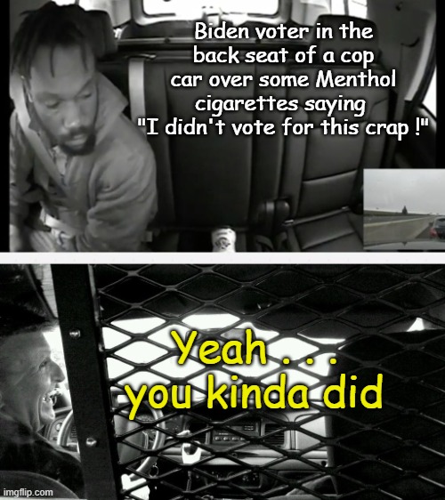 FDA to Ban Menthols in Socialist USA | Biden voter in the back seat of a cop car over some Menthol cigarettes saying 
"I didn't vote for this crap !"; Yeah . . . you kinda did | image tagged in back seat of a cop car,menthols,menthol cigarettes,fda | made w/ Imgflip meme maker