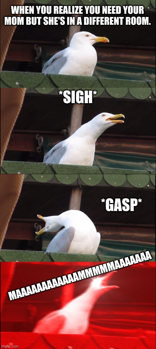 Inhaling Seagull | WHEN YOU REALIZE YOU NEED YOUR MOM BUT SHE'S IN A DIFFERENT ROOM. *SIGH*; *GASP*; MAAAAAAAAAAAAMMMMMAAAAAAA | image tagged in memes,inhaling seagull | made w/ Imgflip meme maker