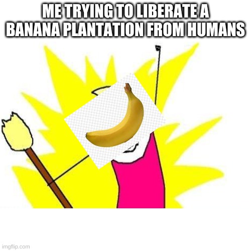 Every single transparent image I find isn't transparent | ME TRYING TO LIBERATE A BANANA PLANTATION FROM HUMANS | image tagged in memes | made w/ Imgflip meme maker