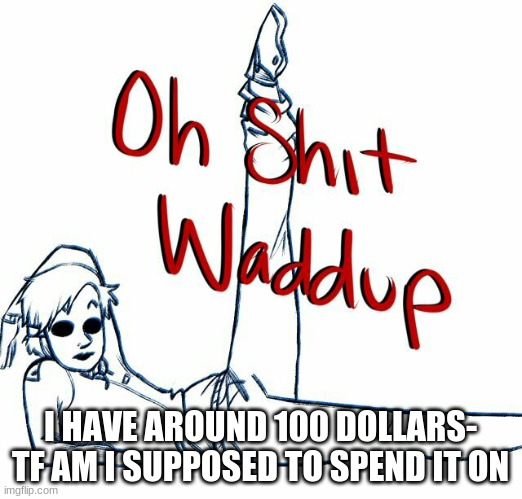 Oh shit waddup | I HAVE AROUND 100 DOLLARS-
TF AM I SUPPOSED TO SPEND IT ON | image tagged in oh shit waddup | made w/ Imgflip meme maker