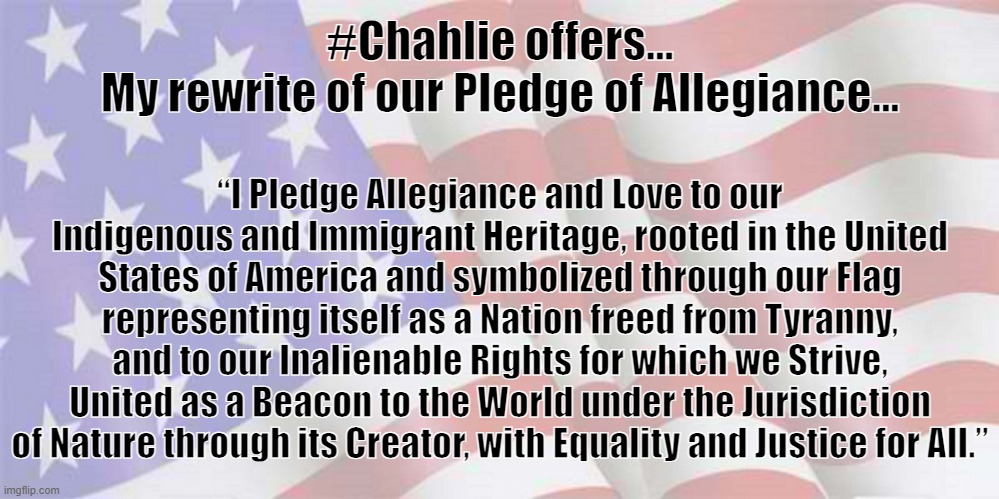 Updated 21st Century Pledge of Allegiance | #Chahlie offers...
My rewrite of our Pledge of Allegiance... “I Pledge Allegiance and Love to our Indigenous and Immigrant Heritage, rooted in the United States of America and symbolized through our Flag representing itself as a Nation freed from Tyranny, and to our Inalienable Rights for which we Strive, United as a Beacon to the World under the Jurisdiction of Nature through its Creator, with Equality and Justice for All.” | image tagged in pledge of allegiance | made w/ Imgflip meme maker