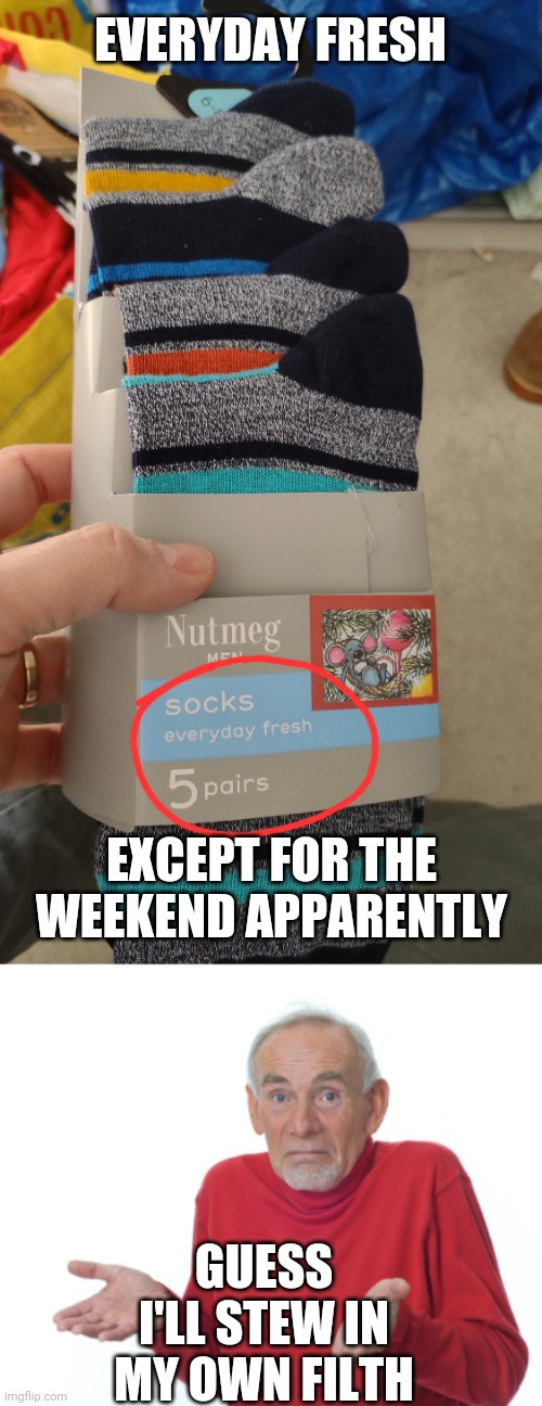 What the weekend is for |  EVERYDAY FRESH; EXCEPT FOR THE WEEKEND APPARENTLY; GUESS I'LL STEW IN MY OWN FILTH | image tagged in guess i'll die,socks,disappointment | made w/ Imgflip meme maker