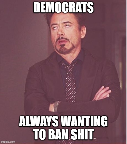 Face You Make Robert Downey Jr | DEMOCRATS; ALWAYS WANTING TO BAN SHIT | image tagged in memes,face you make robert downey jr | made w/ Imgflip meme maker