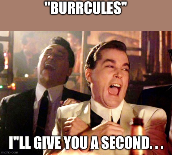 :| | "BURRCULES"; I''LL GIVE YOU A SECOND. . . | image tagged in memes,good fellas hilarious | made w/ Imgflip meme maker