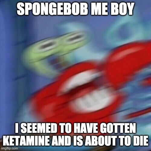 Mr krabs blur | SPONGEBOB ME BOY; I SEEMED TO HAVE GOTTEN KETAMINE AND IS ABOUT TO DIE | image tagged in mr krabs blur | made w/ Imgflip meme maker
