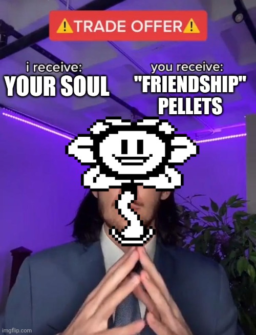 Everyone must of got fooled by this | "FRIENDSHIP" PELLETS; YOUR SOUL | image tagged in trade offer,memes,undertale | made w/ Imgflip meme maker