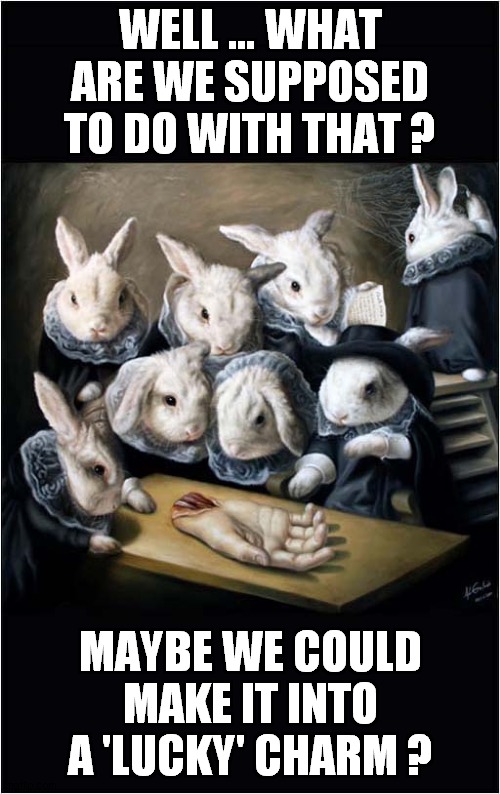 Confused Rabbits ! | WELL … WHAT ARE WE SUPPOSED TO DO WITH THAT ? MAYBE WE COULD MAKE IT INTO A 'LUCKY' CHARM ? | image tagged in rabbits,lucky charm,dark humour | made w/ Imgflip meme maker