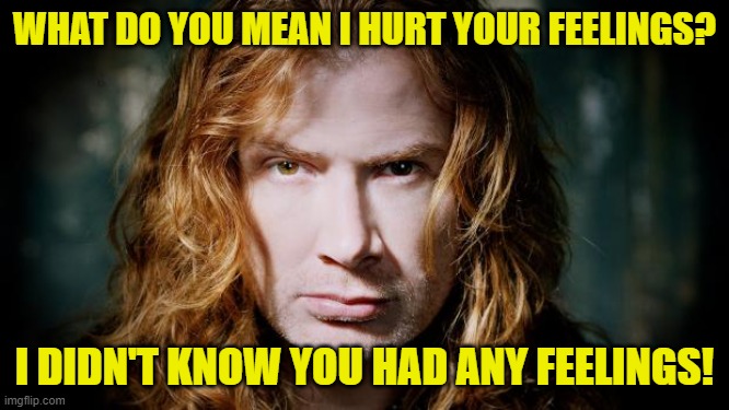 Dave mustaine  | WHAT DO YOU MEAN I HURT YOUR FEELINGS? I DIDN'T KNOW YOU HAD ANY FEELINGS! | image tagged in dave mustaine | made w/ Imgflip meme maker