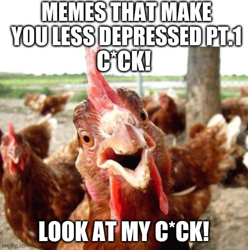 MEMES THAT MAKE YOU LESS DEPRESSED PT.1; C*CK! LOOK AT MY C*CK! | image tagged in blank white template,chicken | made w/ Imgflip meme maker