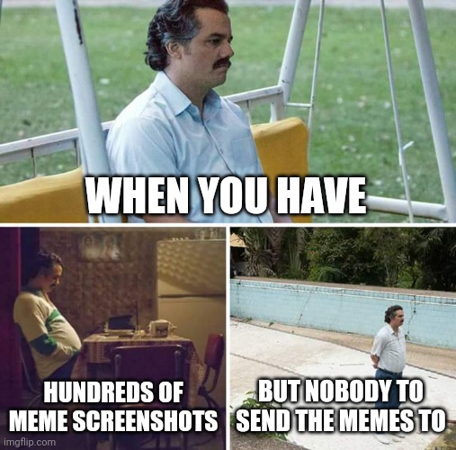 Me: | WHEN YOU HAVE; HUNDREDS OF MEME SCREENSHOTS; BUT NOBODY TO SEND THE MEMES TO | image tagged in memes,sad pablo escobar | made w/ Imgflip meme maker