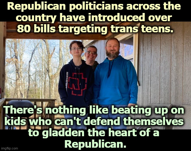 If Republicans can't demonize someone, you might notice they have nothing else to offer. | Republican politicians across the 
country have introduced over 
80 bills targeting trans teens. There's nothing like beating up on 
kids who can't defend themselves 
to gladden the heart of a 
Republican. | image tagged in republicans,gop,hatred,bigotry,bullying | made w/ Imgflip meme maker