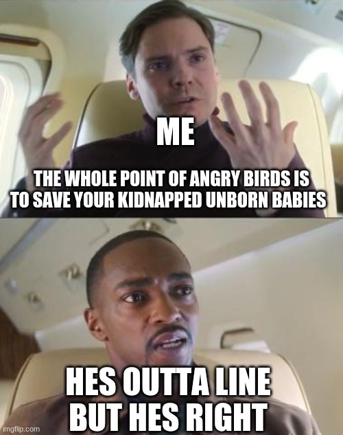 im not right but im not wrong | ME; THE WHOLE POINT OF ANGRY BIRDS IS TO SAVE YOUR KIDNAPPED UNBORN BABIES; HES OUTTA LINE BUT HES RIGHT | image tagged in hes outta line | made w/ Imgflip meme maker