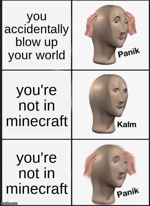 Panik Kalm Panik | you accidentally blow up your world; you're not in minecraft; you're not in minecraft | image tagged in memes,panik kalm panik | made w/ Imgflip meme maker