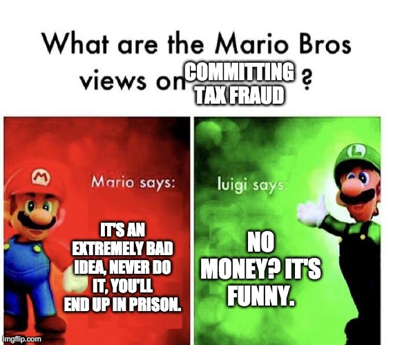 Mario Bros Views | COMMITTING TAX FRAUD; IT'S AN EXTREMELY BAD IDEA, NEVER DO IT, YOU'LL END UP IN PRISON. NO MONEY? IT'S FUNNY. | image tagged in mario bros views | made w/ Imgflip meme maker