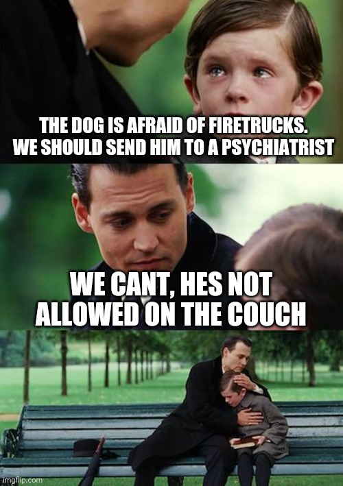Finding Neverland Meme | THE DOG IS AFRAID OF FIRETRUCKS.  WE SHOULD SEND HIM TO A PSYCHIATRIST; WE CANT, HES NOT ALLOWED ON THE COUCH | image tagged in memes,finding neverland | made w/ Imgflip meme maker
