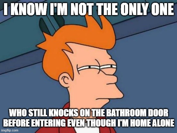 I'm not the only paranoid one | I KNOW I'M NOT THE ONLY ONE; WHO STILL KNOCKS ON THE BATHROOM DOOR BEFORE ENTERING EVEN THOUGH I'M HOME ALONE | image tagged in memes,futurama fry | made w/ Imgflip meme maker