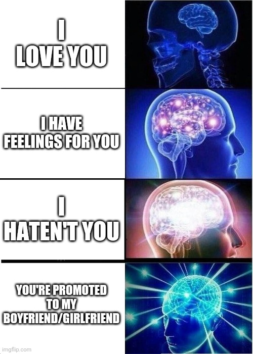 U my bf/gf now, sunny! | I LOVE YOU; I HAVE FEELINGS FOR YOU; I HATEN'T YOU; YOU'RE PROMOTED TO MY BOYFRIEND/GIRLFRIEND | image tagged in memes,expanding brain,relationship | made w/ Imgflip meme maker