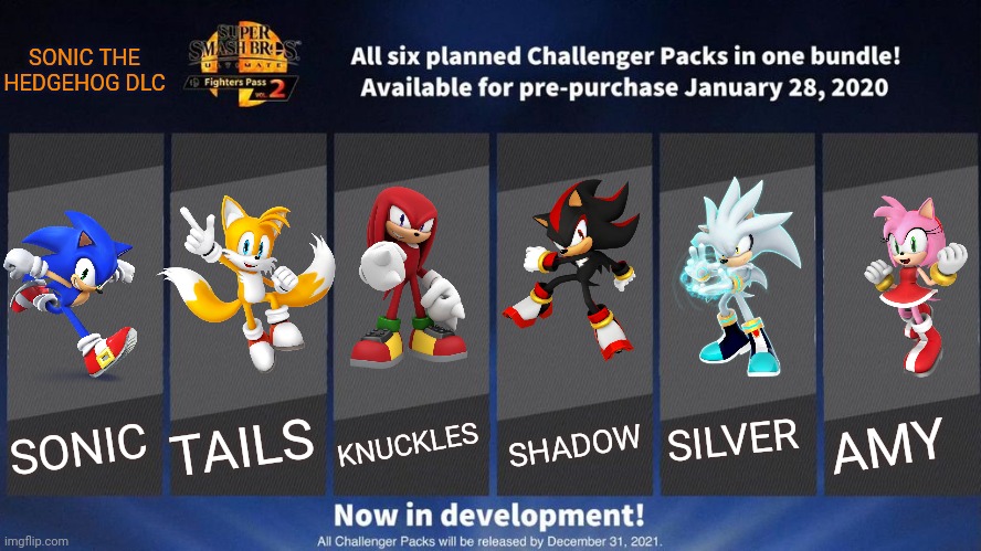 Now available on the Nintendo eShop! | SONIC THE HEDGEHOG DLC; KNUCKLES; TAILS; SHADOW; SILVER; AMY; SONIC | image tagged in fighters pass vol 2 meme version 3,sonic the hedgehog,oh wow are you actually reading these tags | made w/ Imgflip meme maker