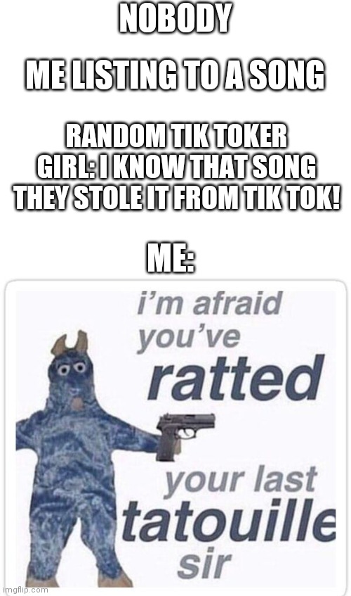 You have ratted your last tulie sir | NOBODY; ME LISTING TO A SONG; RANDOM TIK TOKER GIRL: I KNOW THAT SONG THEY STOLE IT FROM TIK TOK! ME: | image tagged in blank white template,nobody | made w/ Imgflip meme maker