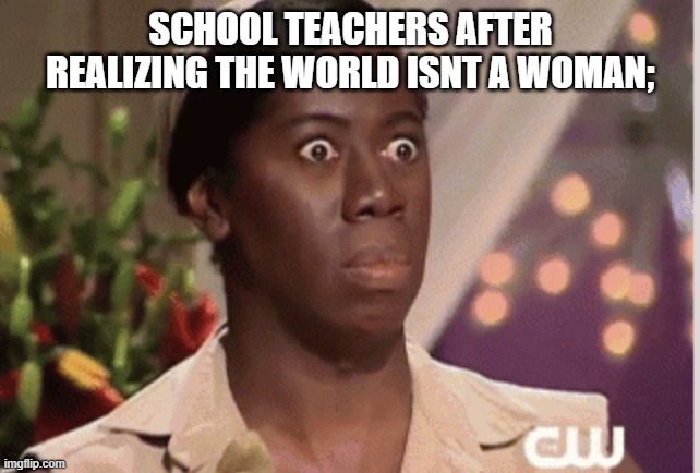 Confused Woman  | SCHOOL TEACHERS AFTER REALIZING THE WORLD ISNT A WOMAN; | image tagged in confused woman | made w/ Imgflip meme maker