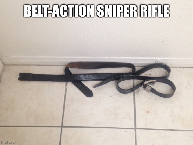 These are two belts that I saw in my house, I did not move them, somebody dropped them like this | BELT-ACTION SNIPER RIFLE | image tagged in belt-action sniper rifle | made w/ Imgflip meme maker