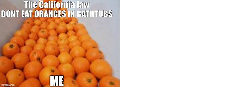 Dont eat oranges in bath tubs. | The California law DONT EAT ORANGES IN BATHTUBS; ME | image tagged in blank white template | made w/ Imgflip meme maker
