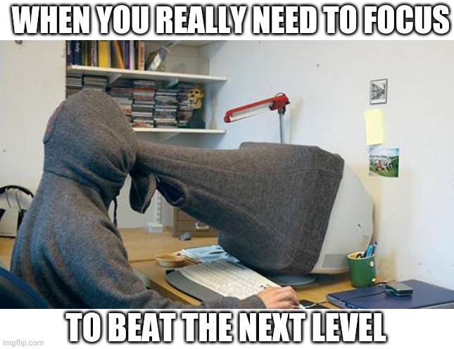 PC GAMERS | WHEN YOU REALLY NEED TO FOCUS; TO BEAT THE NEXT LEVEL | image tagged in video games,pc gaming | made w/ Imgflip meme maker