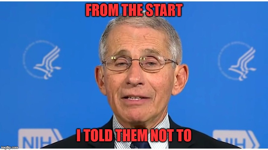 Dr Fauci | FROM THE START I TOLD THEM NOT TO | image tagged in dr fauci | made w/ Imgflip meme maker