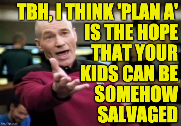 Picard Wtf Meme | TBH, I THINK 'PLAN A'
IS THE HOPE
THAT YOUR
KIDS CAN BE
SOMEHOW
SALVAGED | image tagged in memes,picard wtf | made w/ Imgflip meme maker