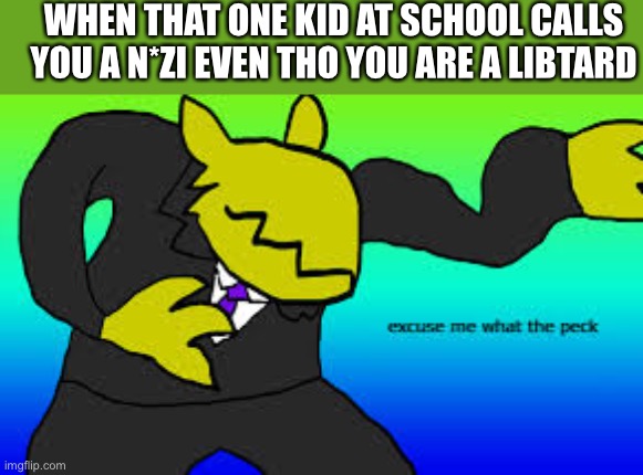 Yeah, stay away from those kids | WHEN THAT ONE KID AT SCHOOL CALLS YOU A N*ZI EVEN THO YOU ARE A LIBTARD | image tagged in excuse me what the peck | made w/ Imgflip meme maker
